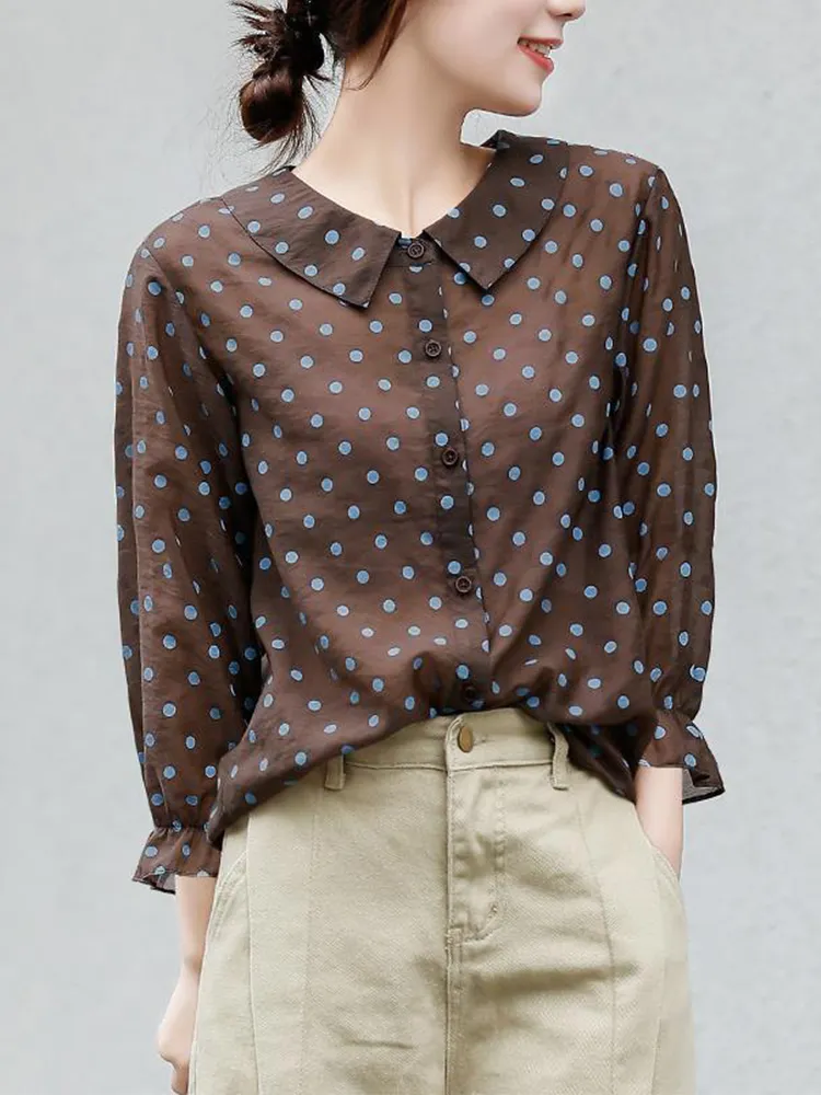 Women's Spring Autumn Style Blouse Shirt Women's Peter Pan Collar Button Polka Dots Elegant Loose Tops SP930